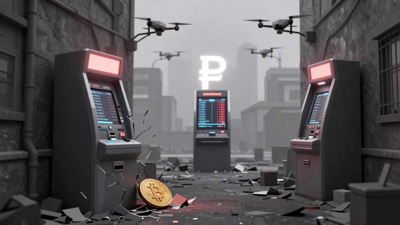 Broken crypto ATM in an alley, with a glowing digital ruble terminal and surveillance drones overhead.