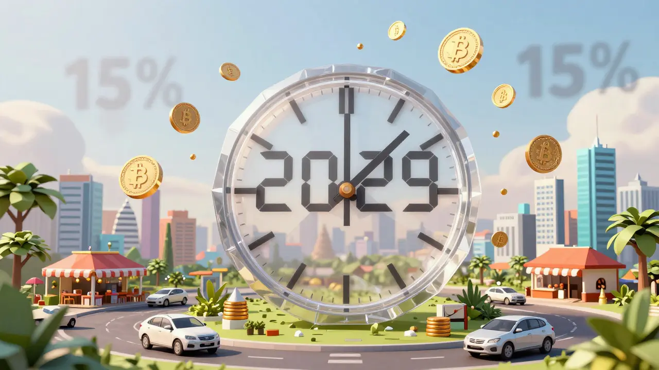 Countdown clock from 2029 to 2025 with crypto assets falling as Thailand's economy grows.