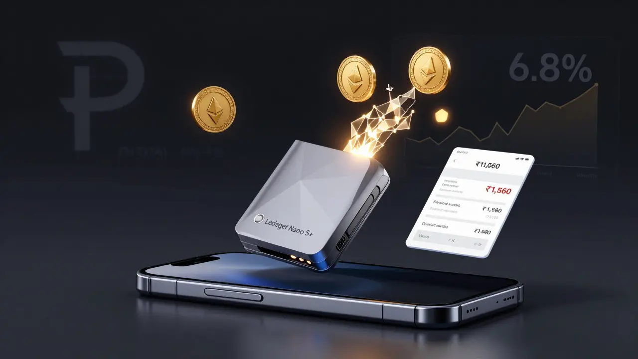 Crypto being transferred from exchange to hardware wallet, with tax documents and inflation data in background.