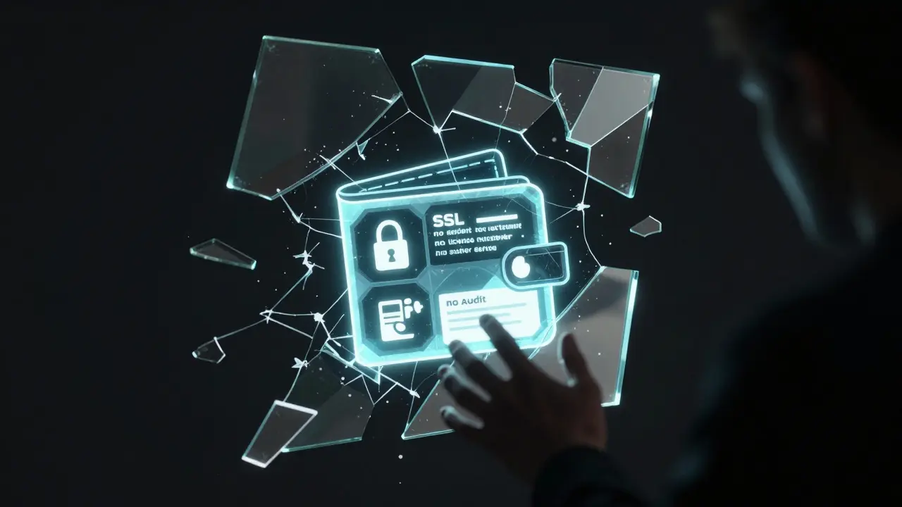 Fractured mirror reflecting missing crypto exchange security features, shadow reaching in.