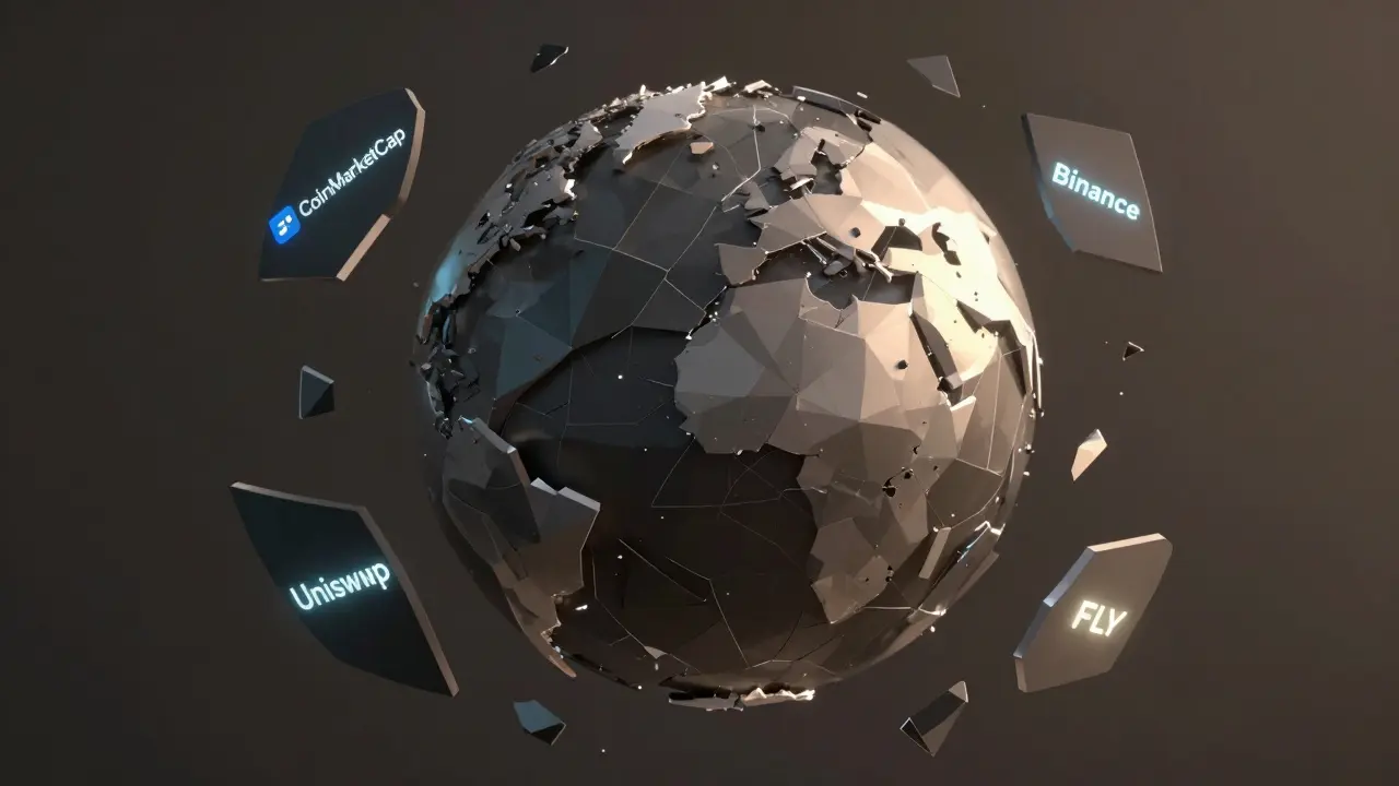 Fragmented globe showing disconnected crypto platforms, with one glowing faintly with FLY token.