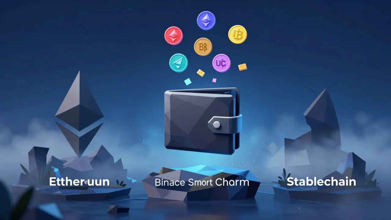 Fragmented wallet emitting tokens toward three abstract blockchain terrains, symbolizing cross-chain DeFi.