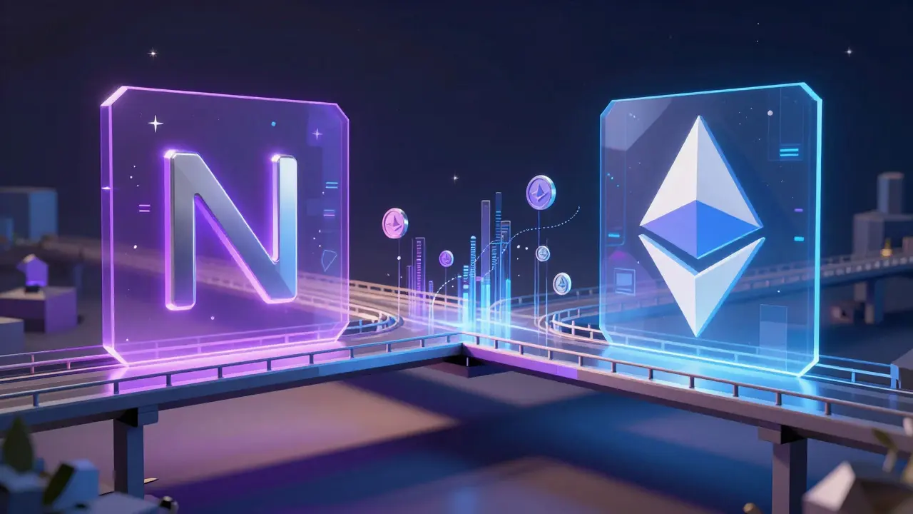 Futuristic bridge linking NEAR and Ethereum blockchains with RHEA tokens flowing across.