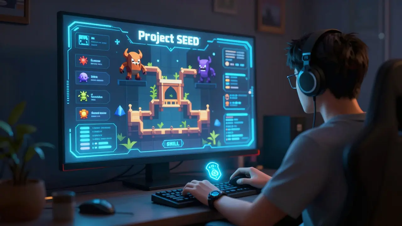 Gamer playing a dungeon crawler game with SHILL Token rewards glowing on their wrist device