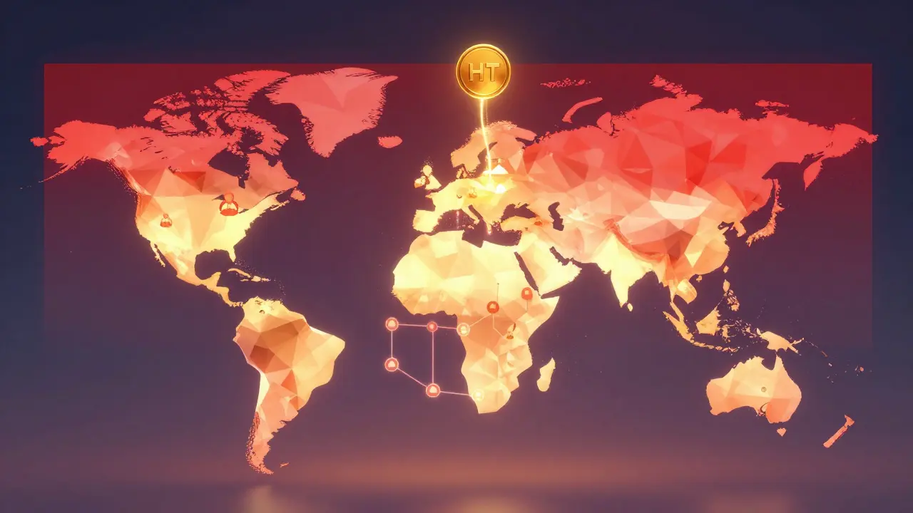 Glowing continents of Africa and Asia connected to HTX ecosystem, with blocked regions in red.