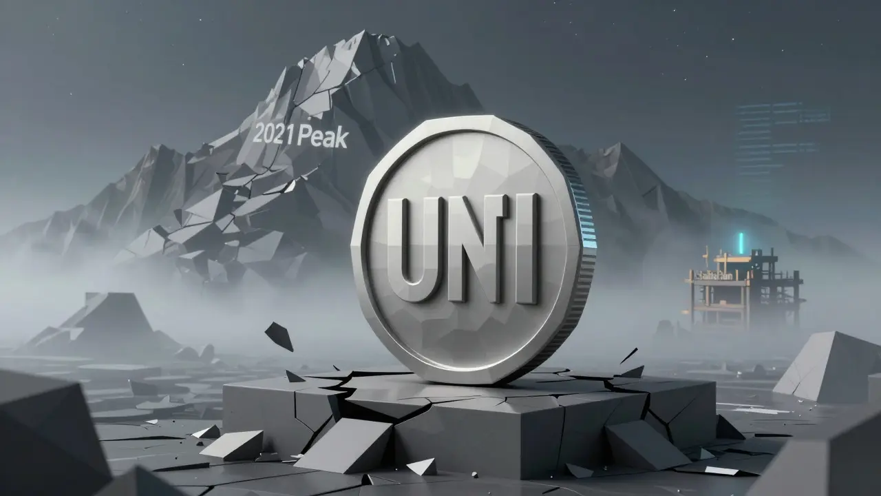 Hollow UNFI token on a cracked pedestal with a faint Stablechain structure in the distant fog.