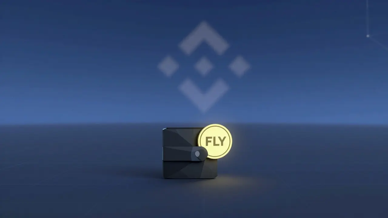 Lonely wallet holding a dim FLY token under a fading Binance silhouette in digital landscape.