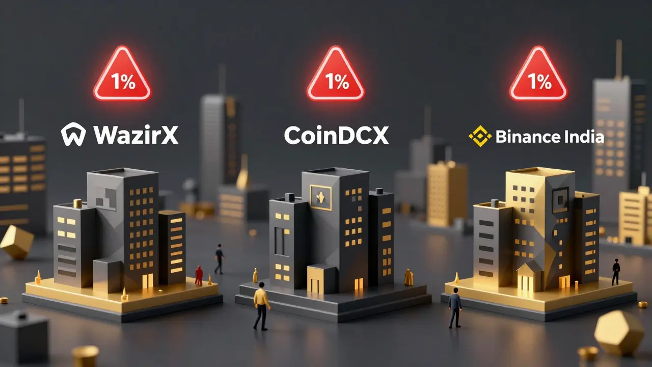 Low-poly comparison of Indian crypto exchanges, with TDS compliance highlighted on some platforms.