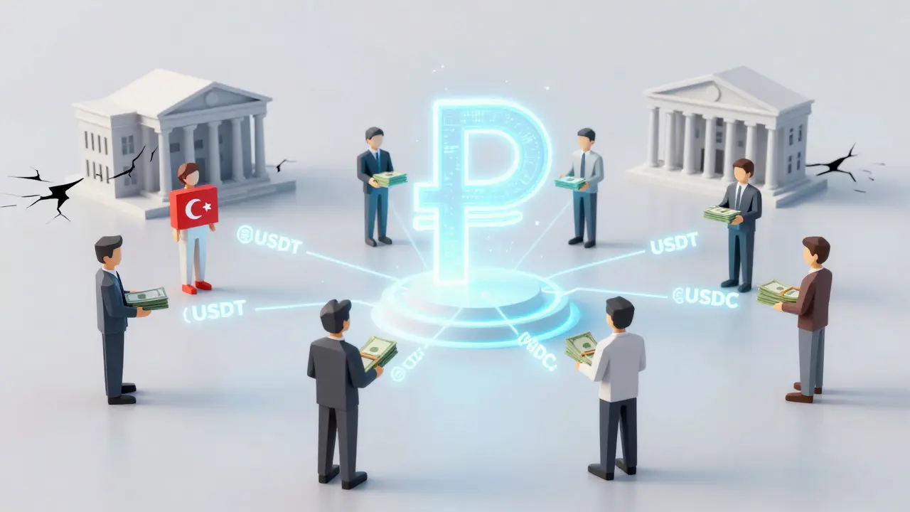 Low-poly figures across countries connected by glowing stablecoin transfers, with a dominant digital ruble symbol.