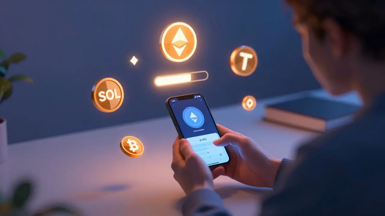 Person staking crypto on smartphone with floating tokens and reward particles in low poly style.