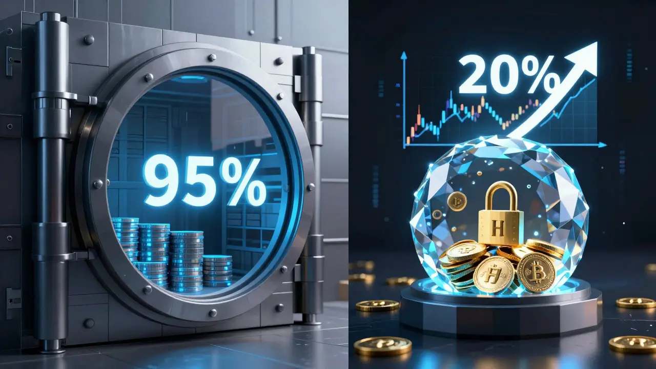 Secure cold storage vault and HT token buyback system visualized in low-poly style.