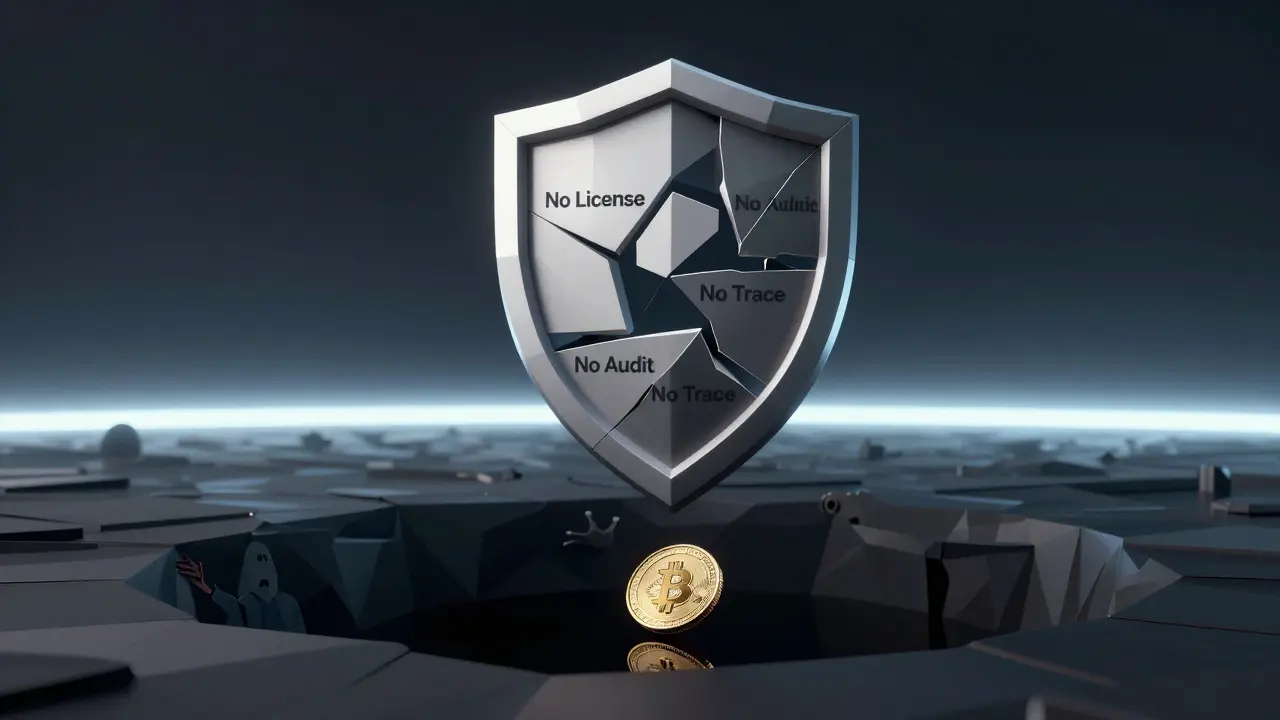 Shattered shield made of warning labels hovering over a void, with a coin falling into darkness.