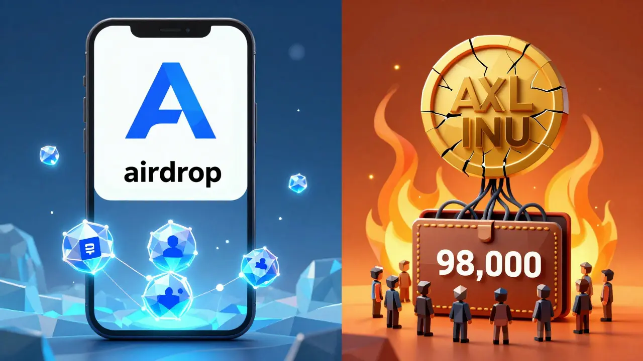 Side-by-side: legitimate Axelar airdrop vs. fraudulent AXL INU scam with crowds of users.