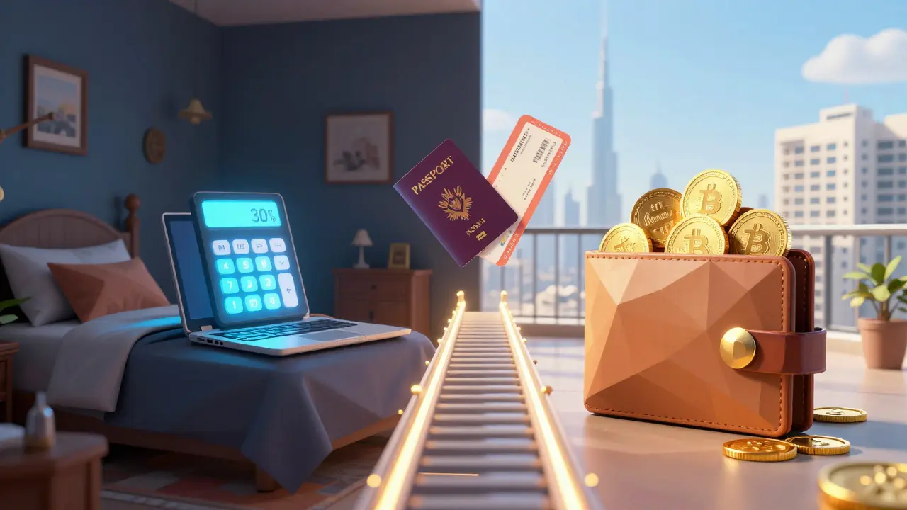 Split scene: dark Indian tax room vs. bright Dubai crypto balcony connected by a bridge.