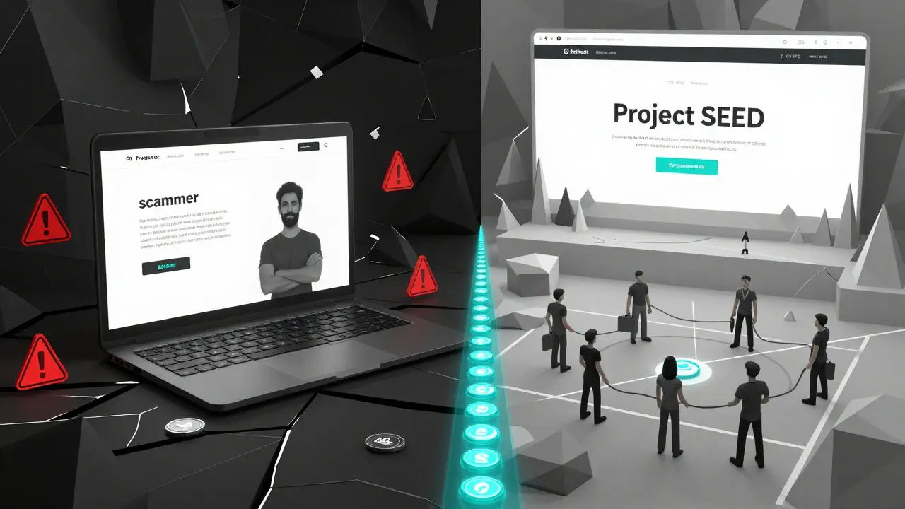 Split scene: scam websites on left, official Project SEED platform on right with token flow