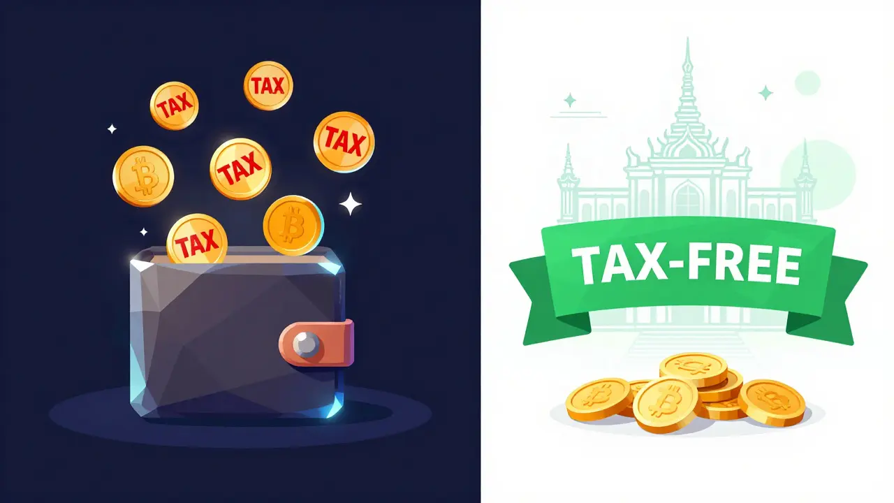 Split view showing taxed staking rewards vs. tax-free crypto sales on licensed platforms.