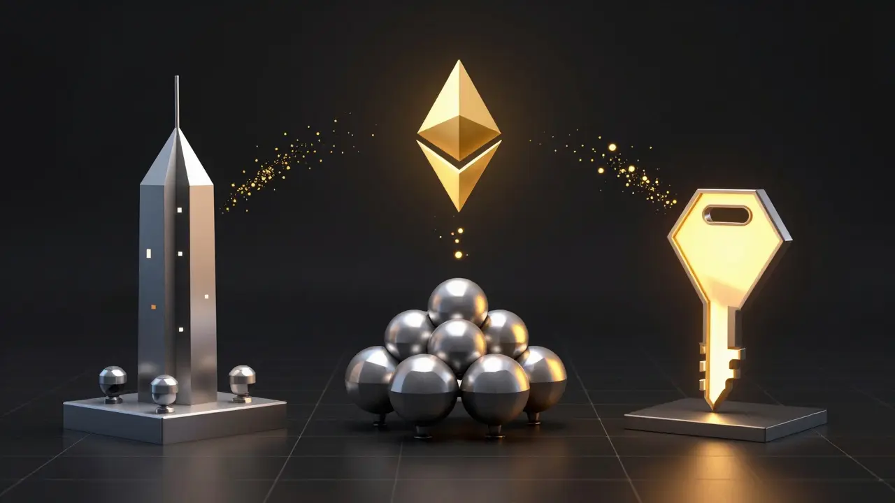 Three abstract staking methods represented as geometric forms with golden reward particles flowing to a central beacon.