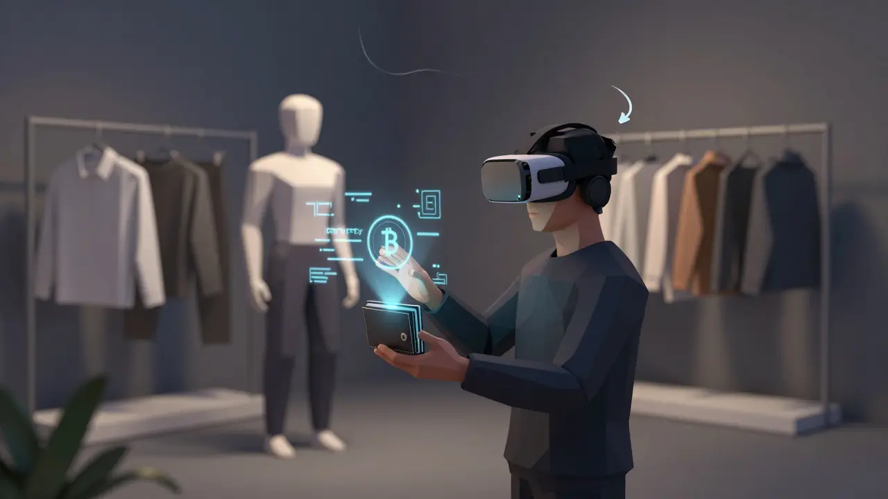 User in VR headset viewing a digital twin store with NFT clothing projected from a crypto wallet