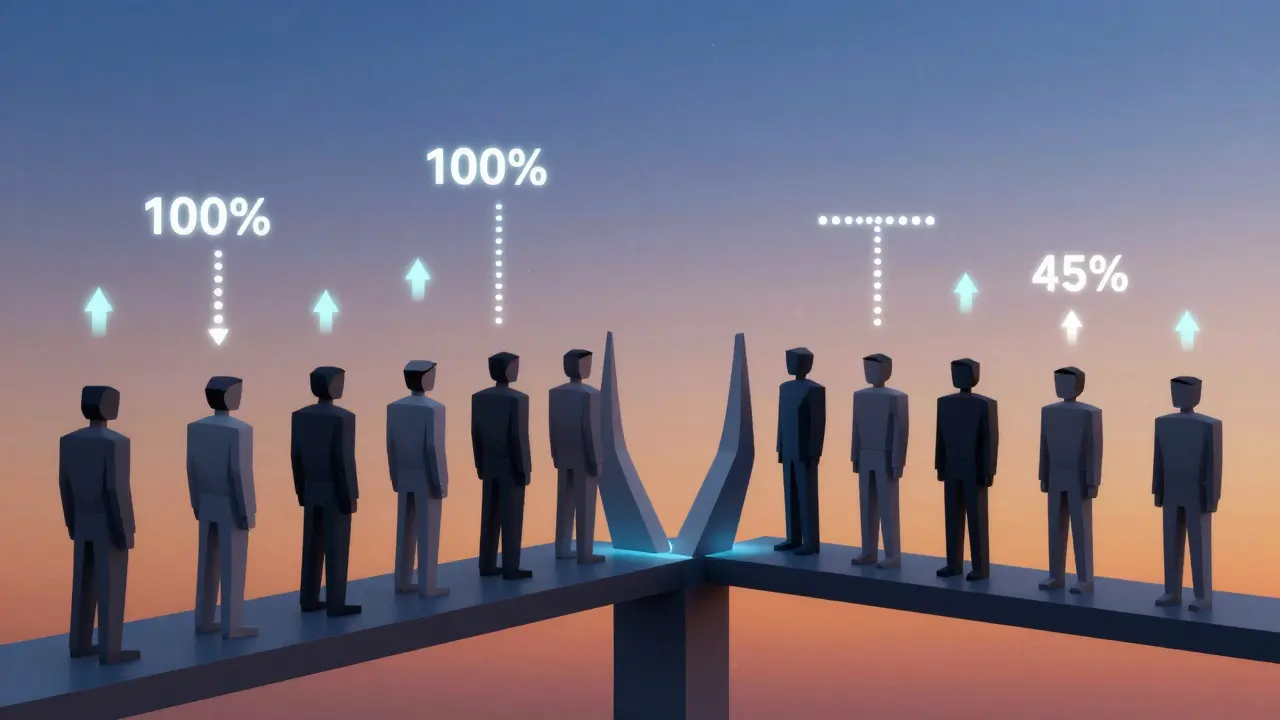 A community of abstract figures dividing between two blockchain paths, with consensus meters glowing above them.