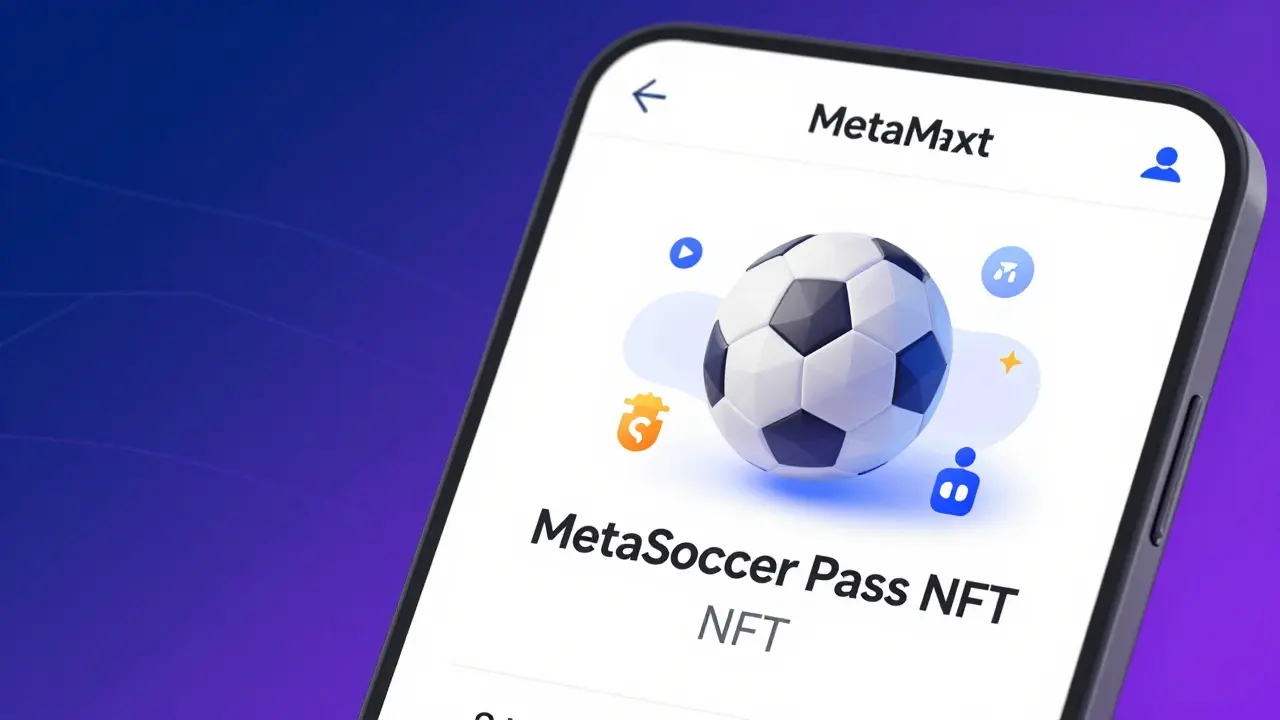 A digital wallet confirming purchase of the MetaSoccer Pass NFT with blockchain animations.