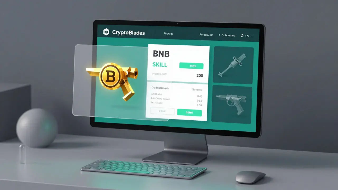 A digital wallet interface showing BNB and SKILL balances with an overlay of an NFT marketplace.