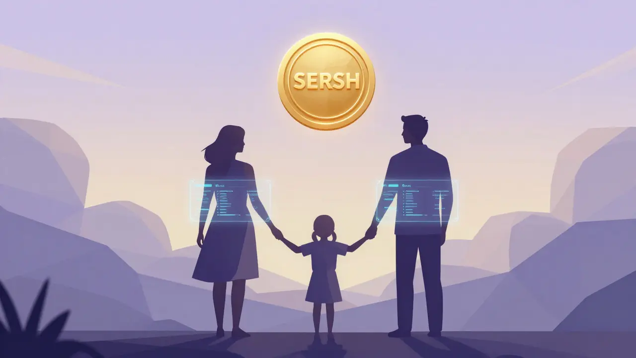 A family standing in a digital landscape with floating interfaces, symbolizing the transfer of crypto inheritance.