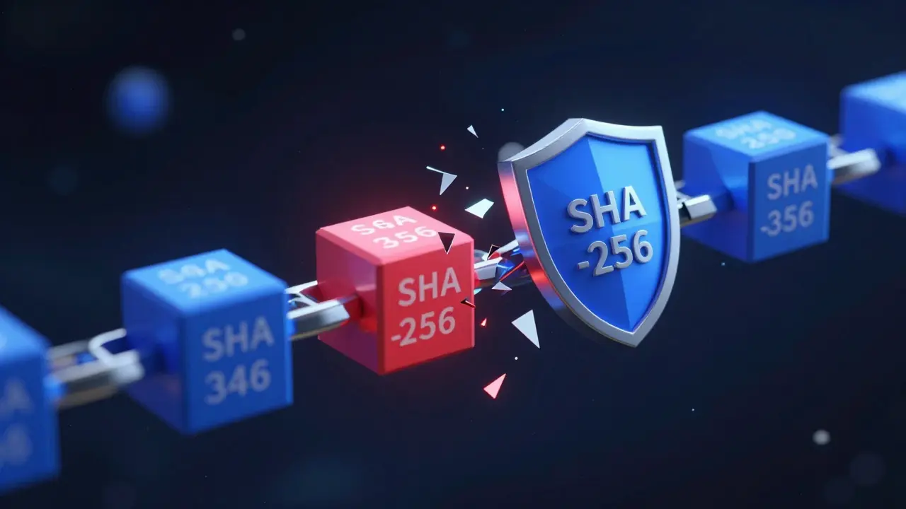 A fractured blockchain with one tampered link, locked by a double SHA-256 security seal.