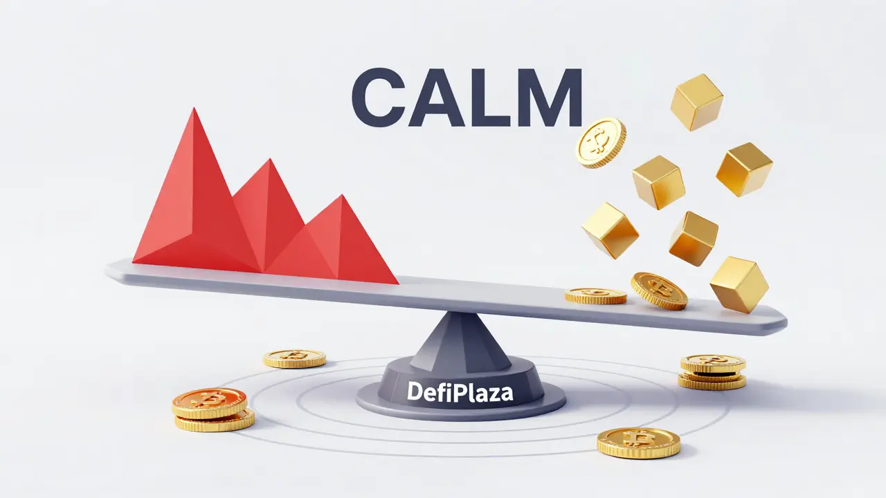 A geometric balance scale showing volatile price swings countered by adaptive fee rewards in a minimalist DeFi interface.