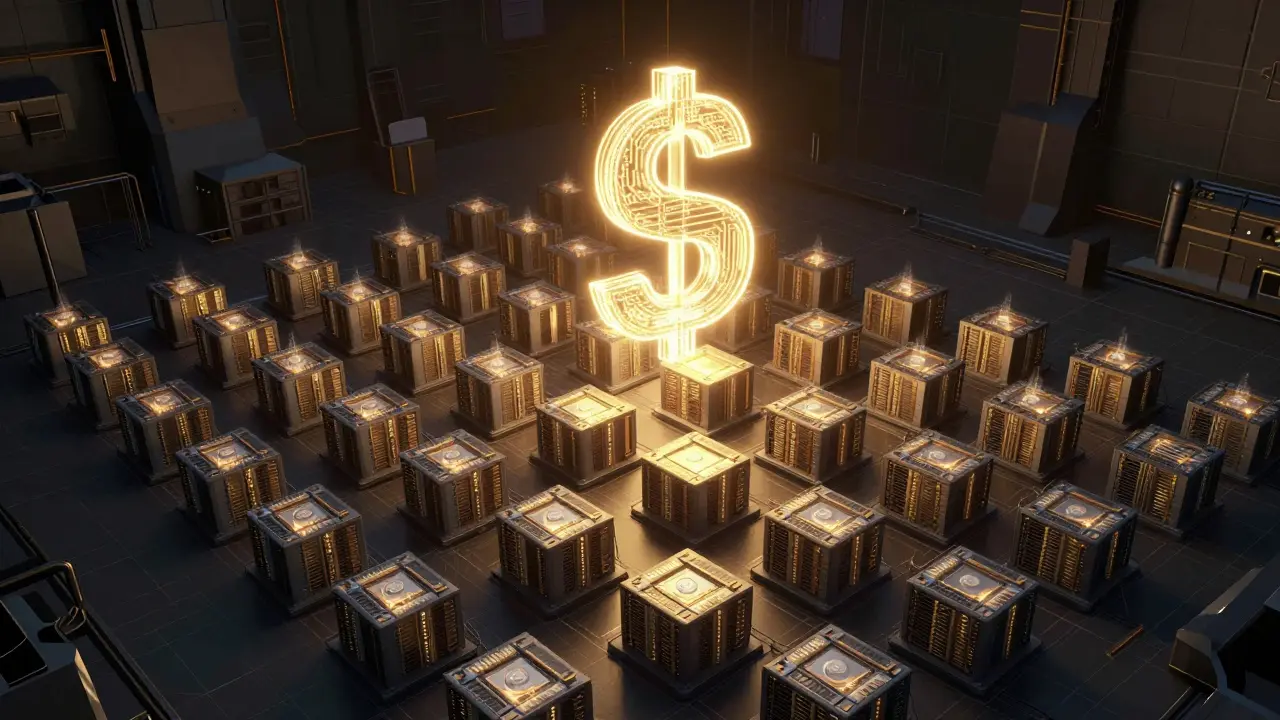 A low-poly ASIC mining farm with golden hash pulses and a glowing SHA-256 symbol above.