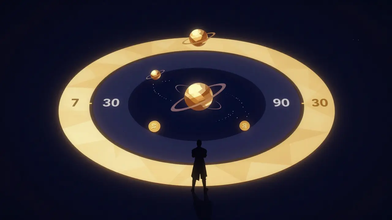 A minimalist staking dashboard with three concentric rings and orbiting SKILL tokens.