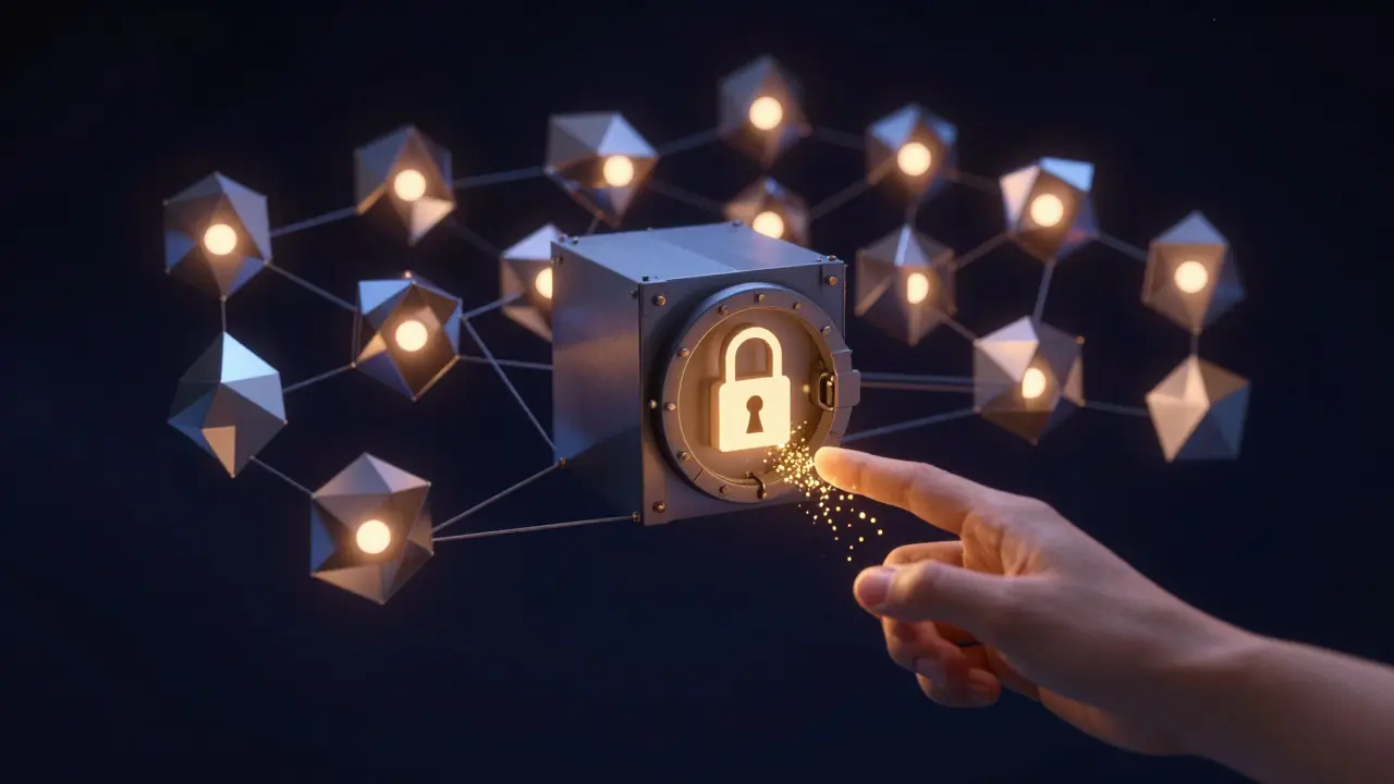 A network of glowing polyhedral nodes forming a decentralized storage system with a path leading to a vault.