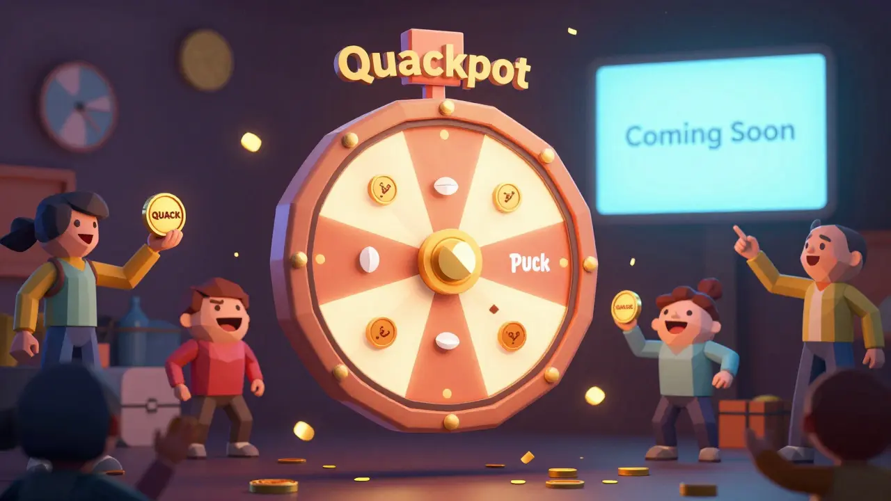 A polygonal jackpot wheel called 'Quackpot' spins with tokens, while a community watches a blank 'Coming Soon' screen.