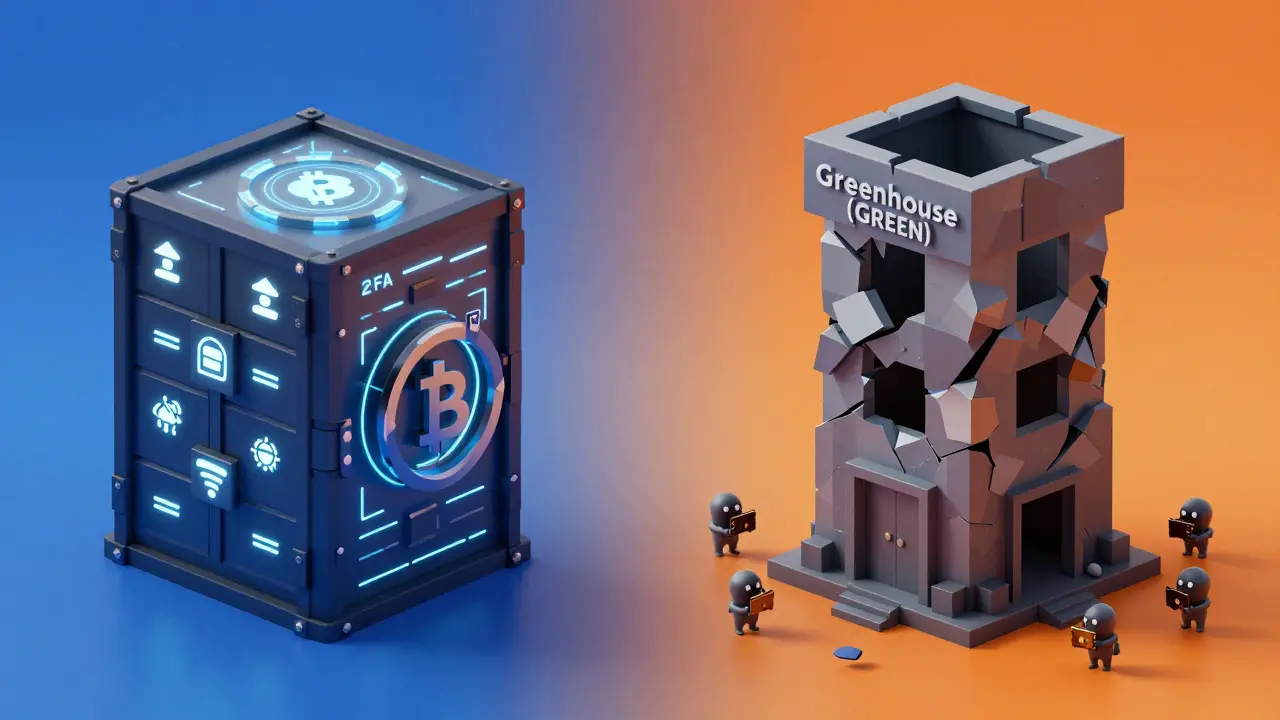 A secure crypto exchange contrasts with a hollow tower labeled 'Greenhouse (GREEN)' under a warning-colored sky.