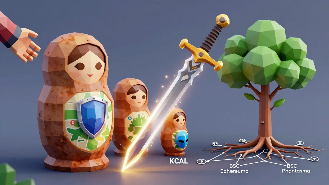 A Smart NFT sword evolves with nested items, powered by KCAL energy, as a carbon-negative tree grows from the blockchain.
