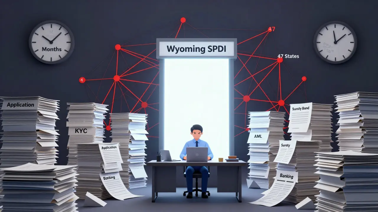 A startup founder surrounded by paperwork towers, with a glowing Wyoming pathway behind them and a 14-month clock ticking.