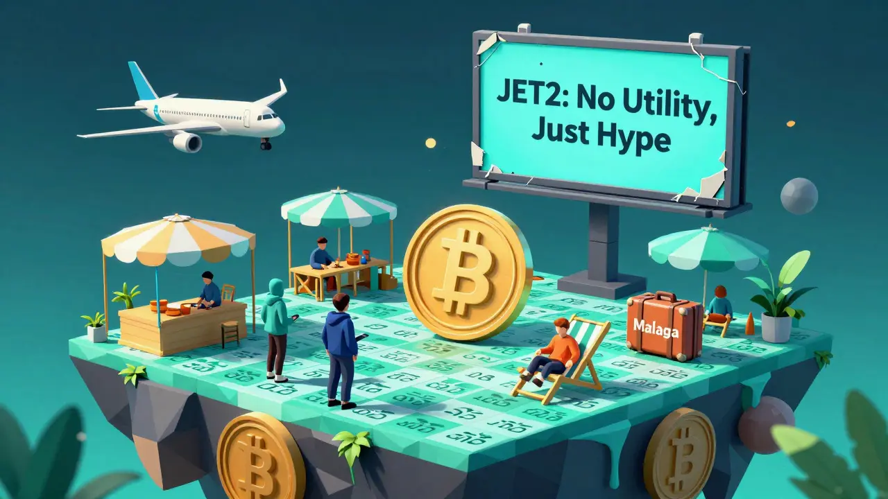 A surreal crypto marketplace where JET2 tokens are traded for vacation items on a floating island.