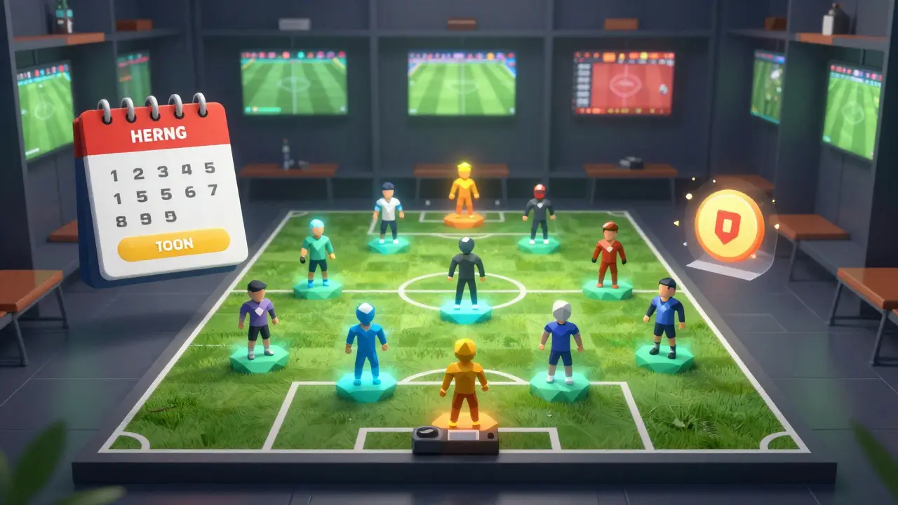 A tactical soccer formation with glowing player NFTs and daily challenge rewards displayed.