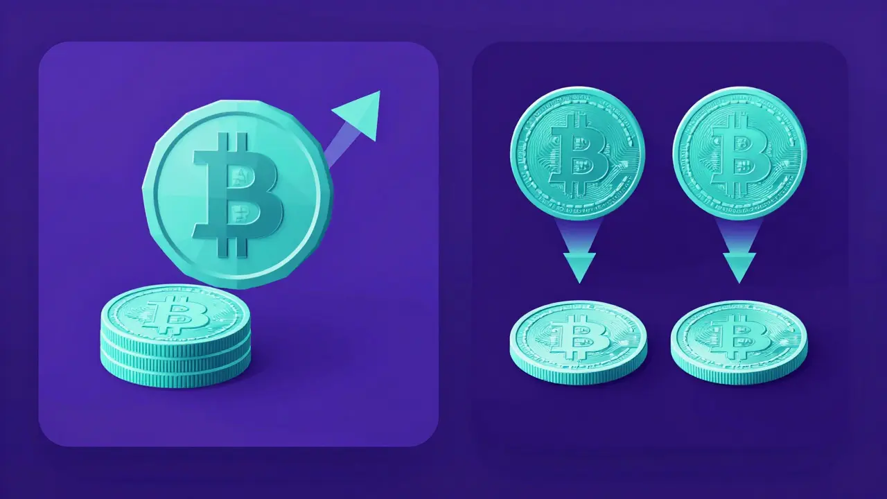 A wallet interface showing one Bitcoin splitting into two distinct coins after a hard fork, rendered in low-poly geometry.