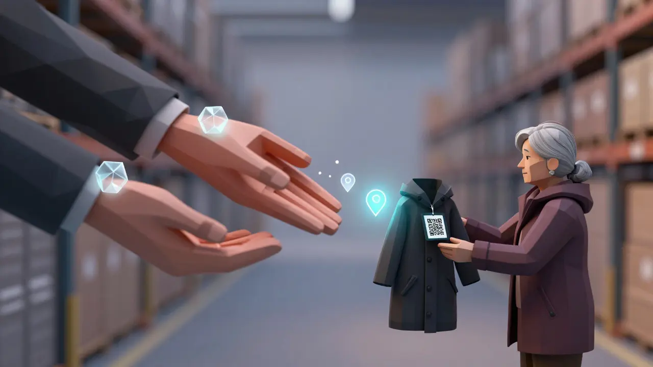 A winter coat with a QR tag being passed through a chain of low-poly hands and warehouses to a recipient in Toronto.