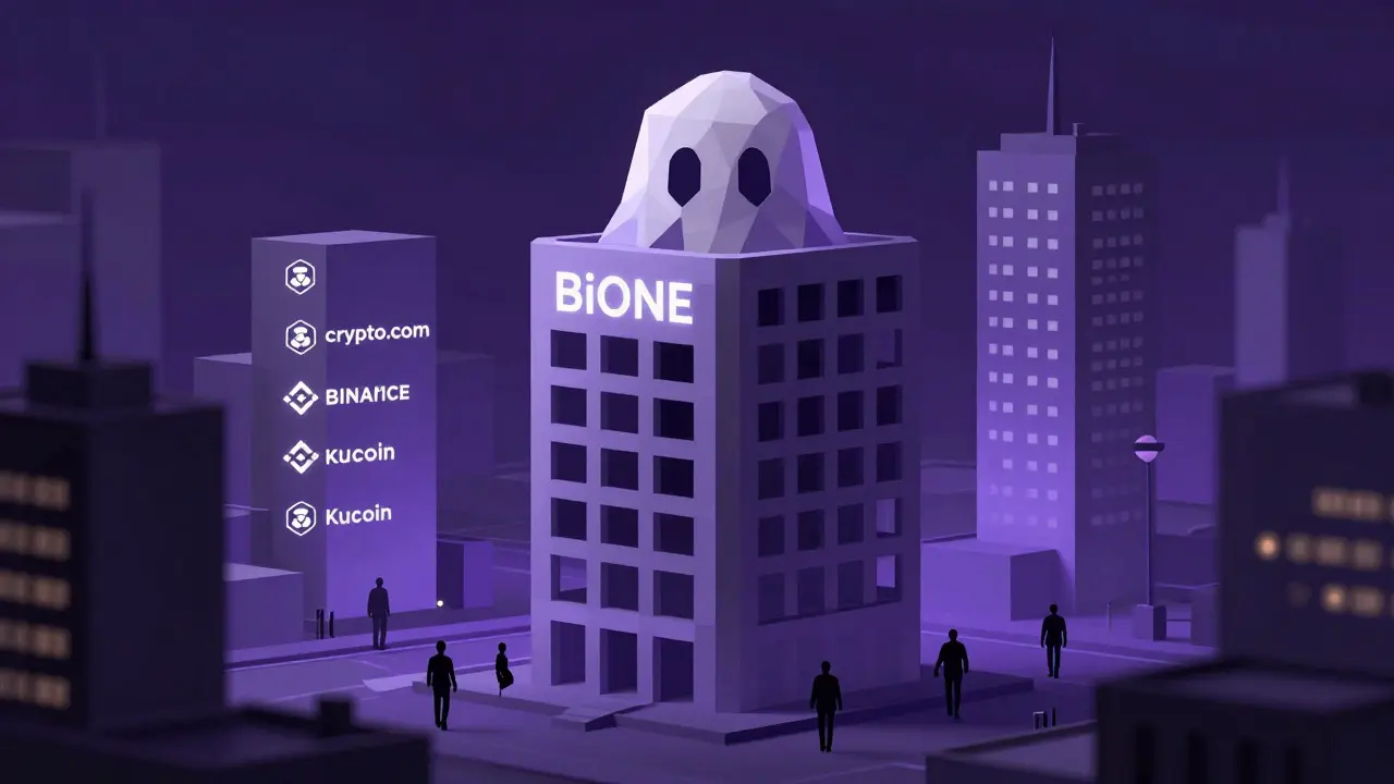 Abandoned BiONE building surrounded by thriving crypto exchanges in a digital cityscape.