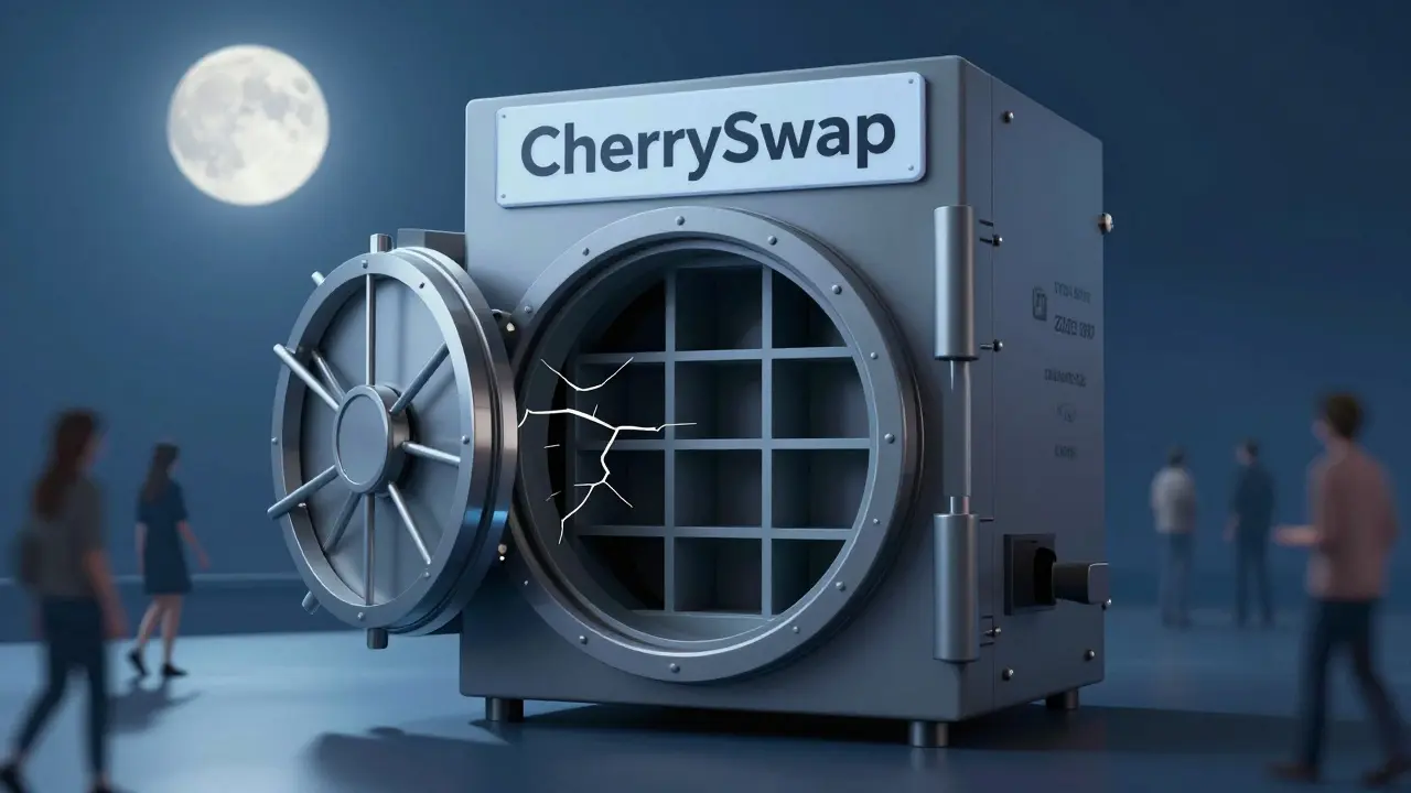 An empty digital vault labeled CherrySwap, revealing only static and a frozen social media post.