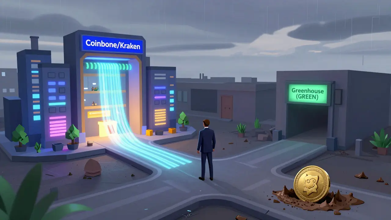 An investor stands at a crossroads between a thriving exchange hub and a dead-end path labeled 'Greenhouse (GREEN)'.