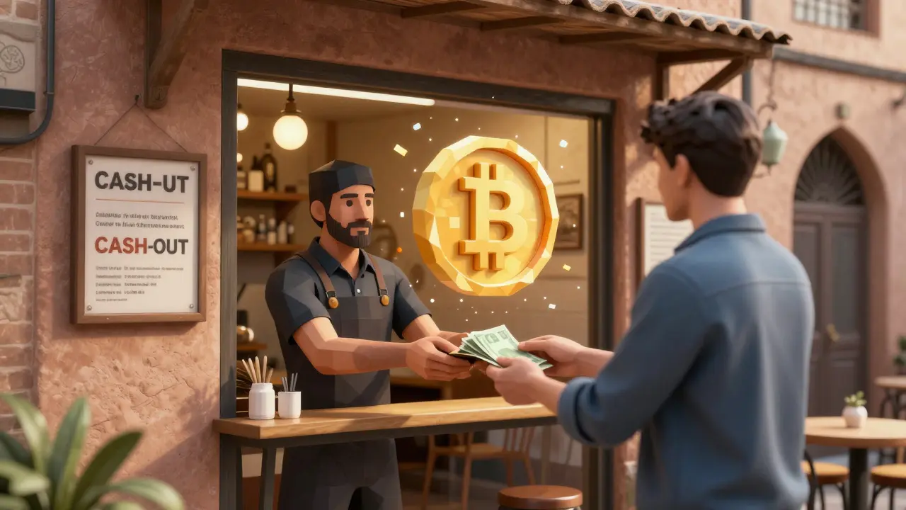 An underground shop in Morocco exchanges cash for cryptocurrency in a quiet, unmarked corner.