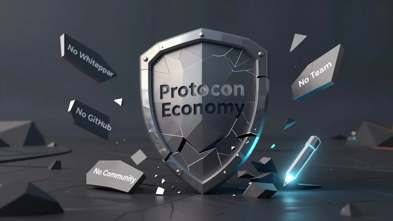 Broken shield labeled 'Protocon Economy' with missing components scattered on a barren digital plain.