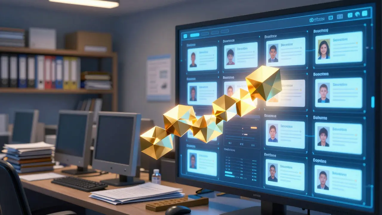 Contrast between messy traditional charity systems and clean blockchain donation tracking.