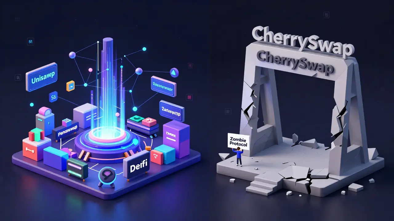 Contrasting low-poly diorama: active DeFi hub vs. crumbling CherrySwap structure in a void.