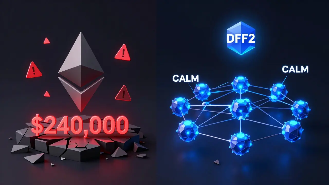 Contrasting scenes of a destroyed Ethereum liquidity pool and a stable Radix network with CALM algorithm nodes.