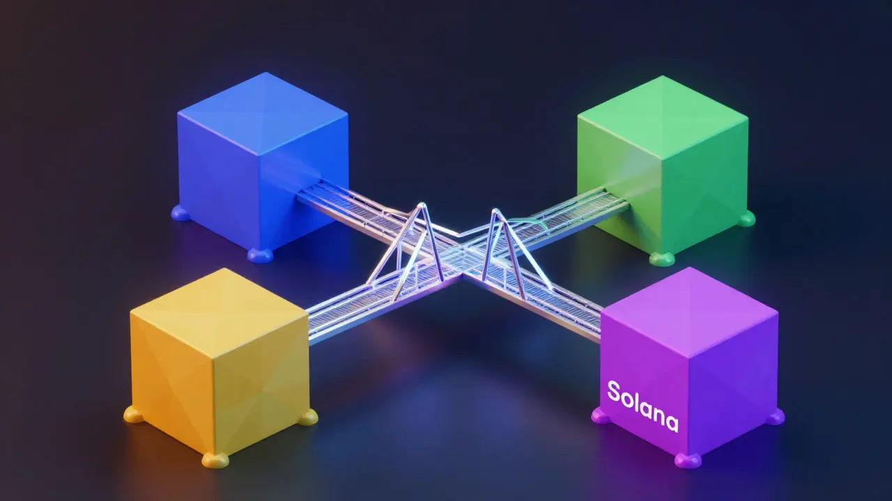Ethereum and Solana blockchain blocks connected by a bridge in low poly style.