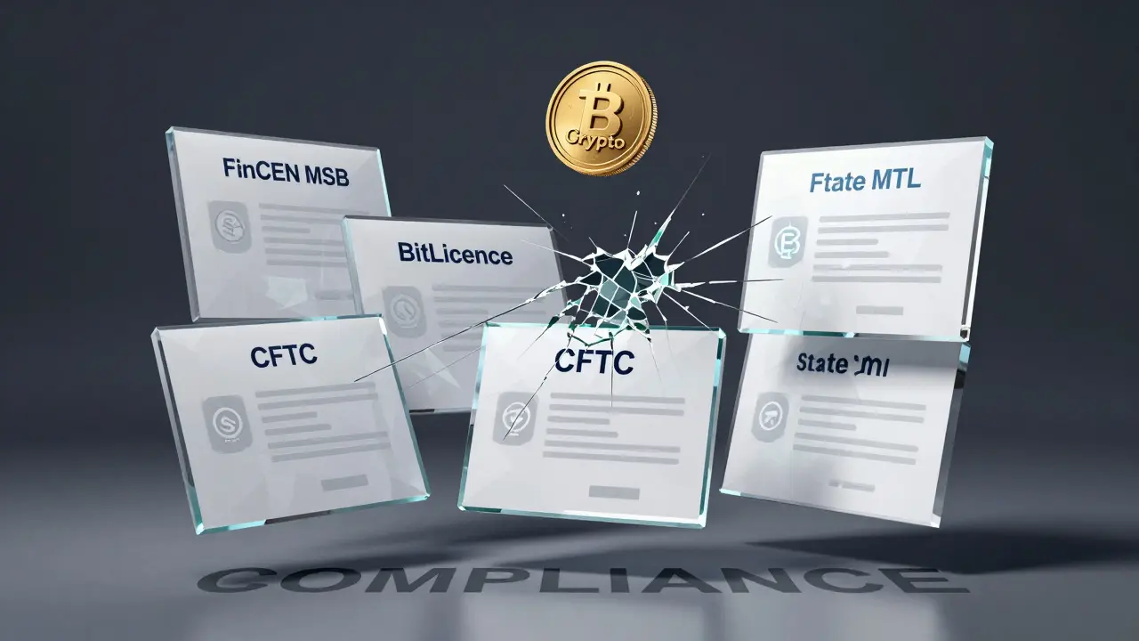 Floating license panels for FinCEN, BitLicense, SEC, CFTC, and State MTL, with a crypto coin above and cracks forming in the system.