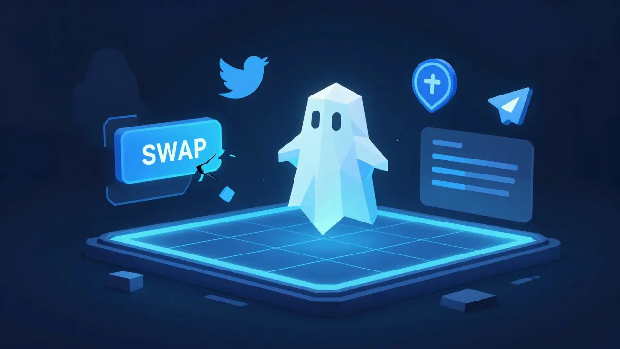 Ghostly low-poly DeFi interface with empty liquidity pools and a floating CHE token, no users or activity.